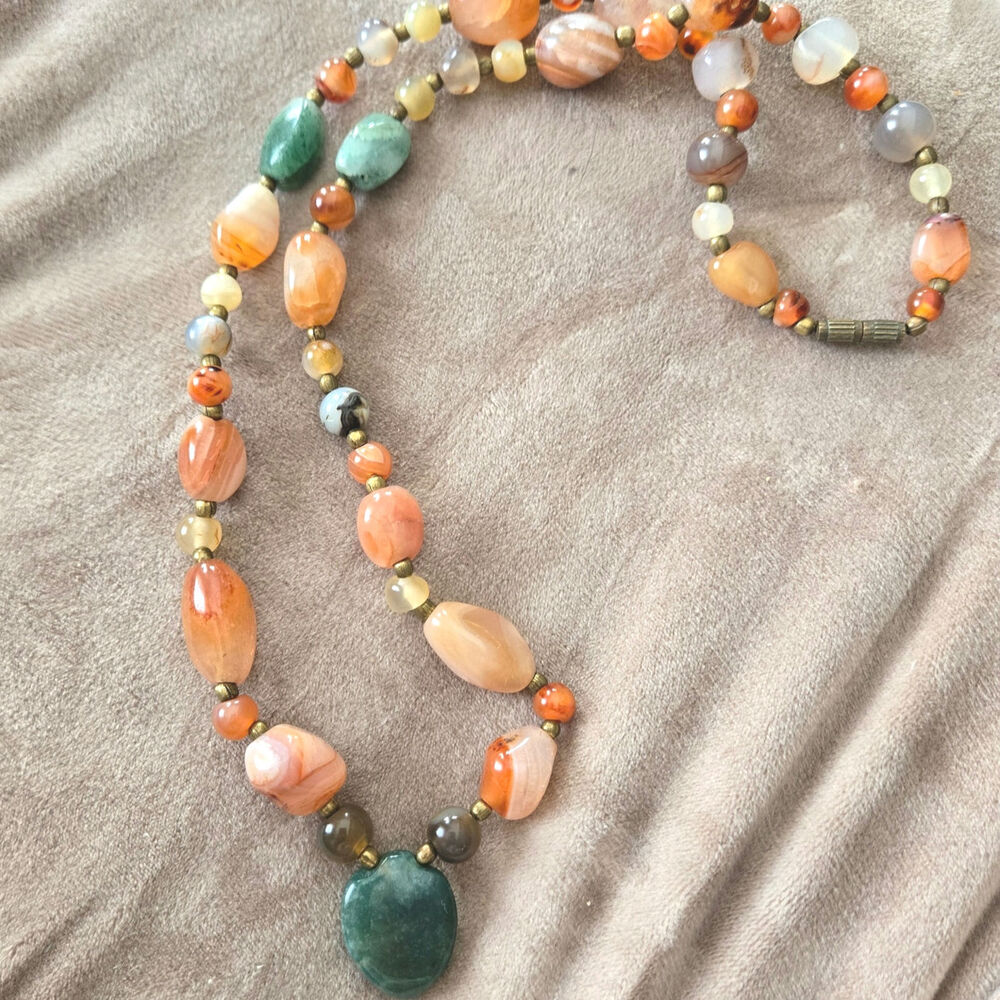 Vintage Natural Agate Beggars Beads Polished‎ Stone Necklace Brass Spacers